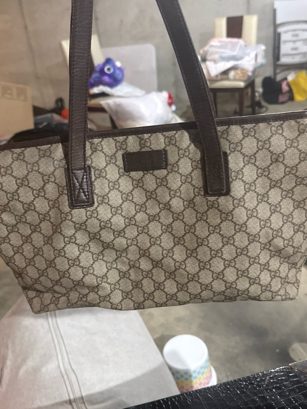 Gucci Brown GG Supreme Canvas Tote with Dark Brown Leather Trim